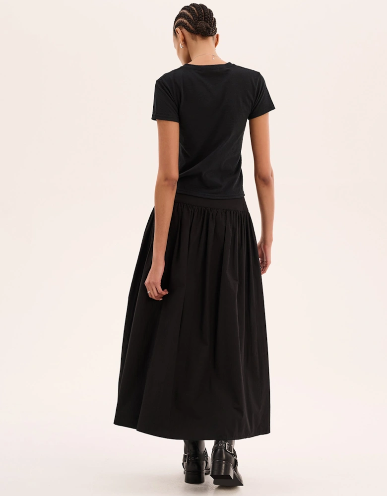 Darcie Drop Waist Full Midi Skirt in Black