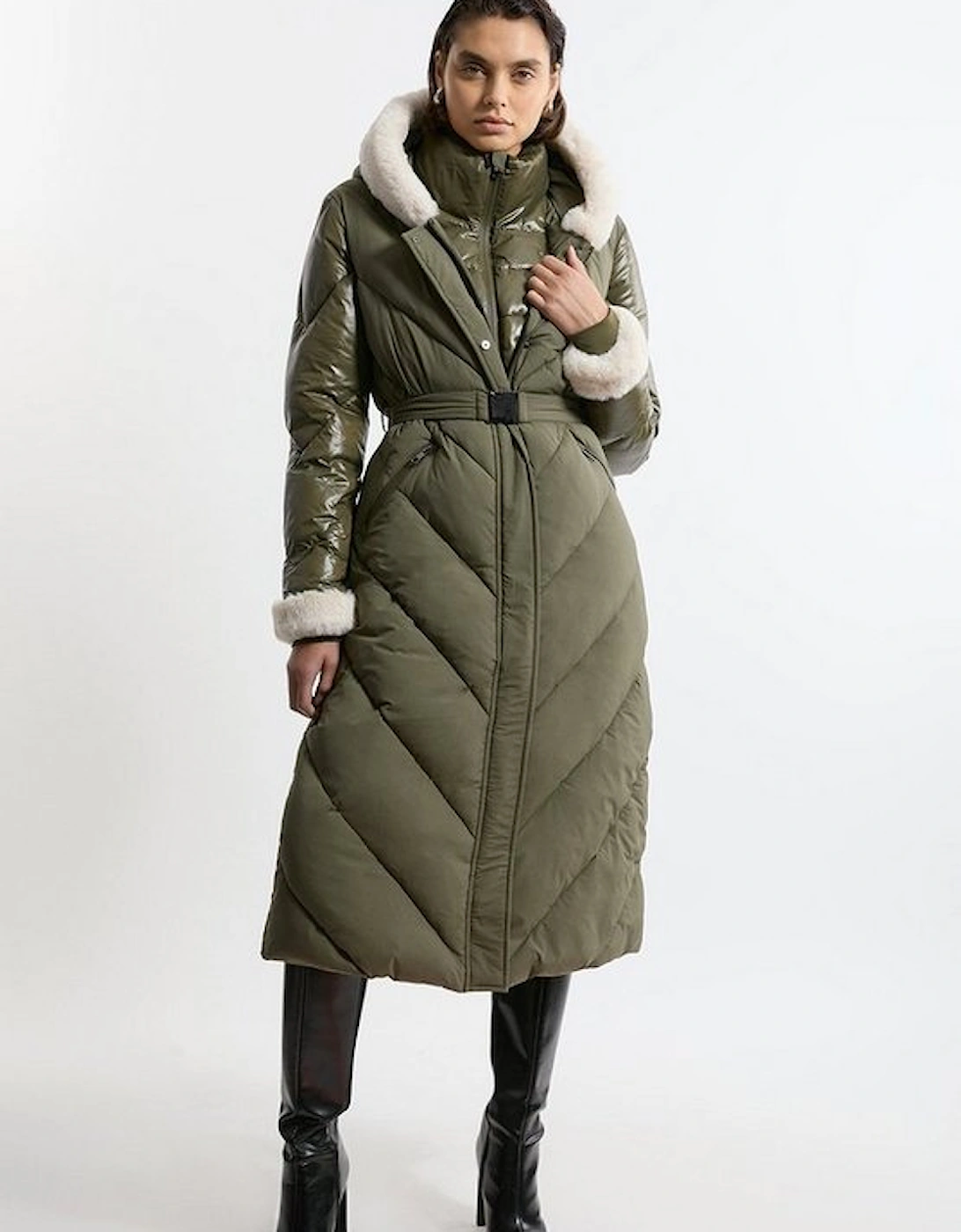 Quilted Hooded Longline Belted Coat