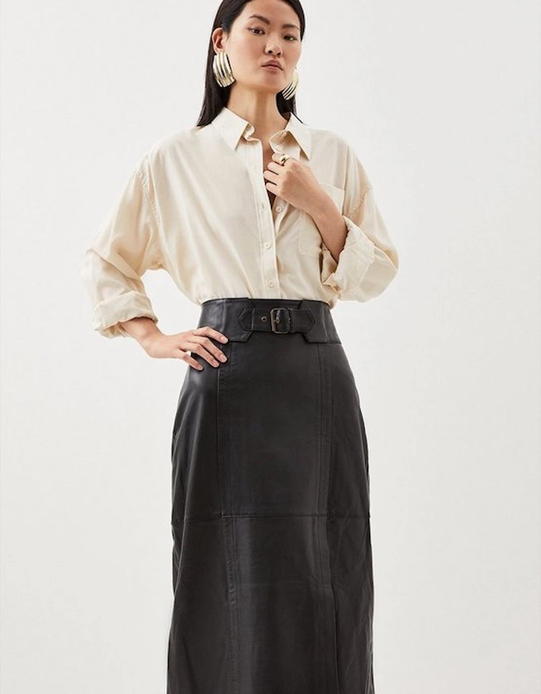 Leather Buckle Waist Detail Pencil Midi Skirt, 5 of 4