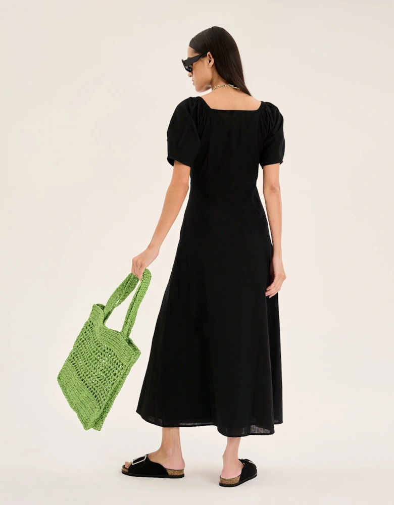 London Linen Bow Detail Midi Dress in Black