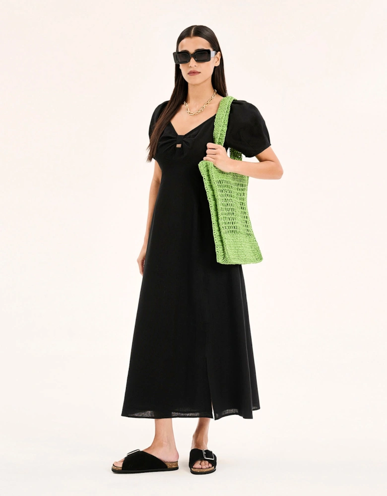 London Linen Bow Detail Midi Dress in Black