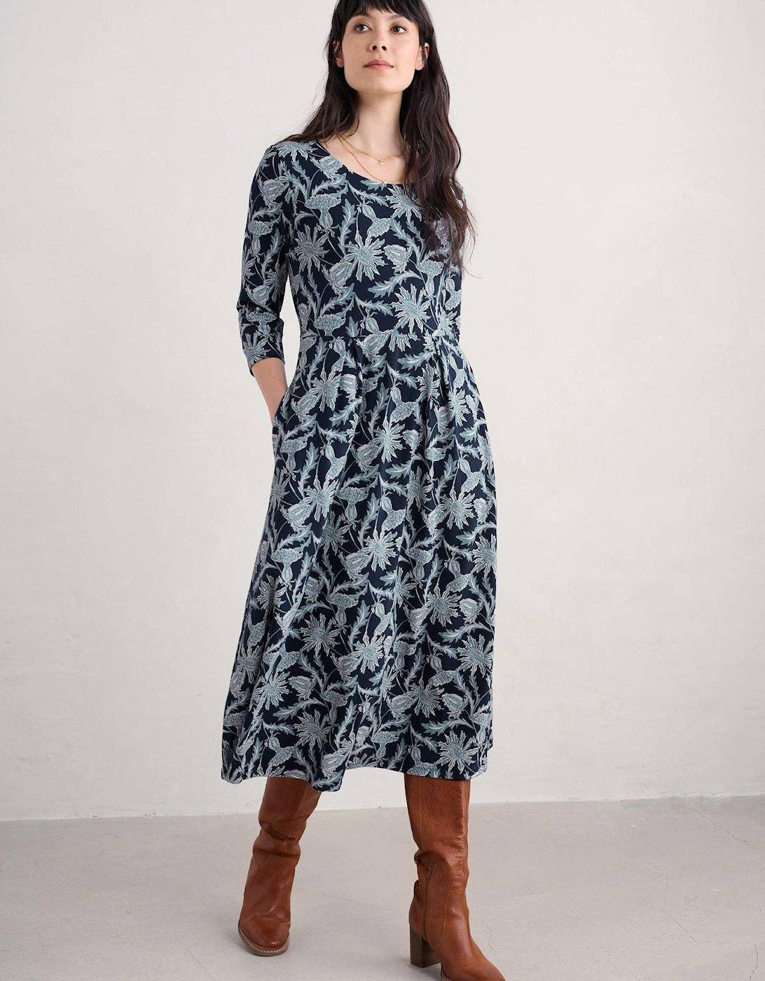 Floral Midi Waisted Dress - Navy, 6 of 5