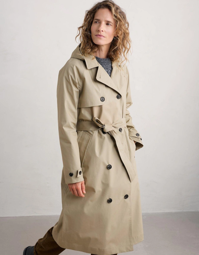 Double Breasted Hooded Trench Coat - Cream - Beige