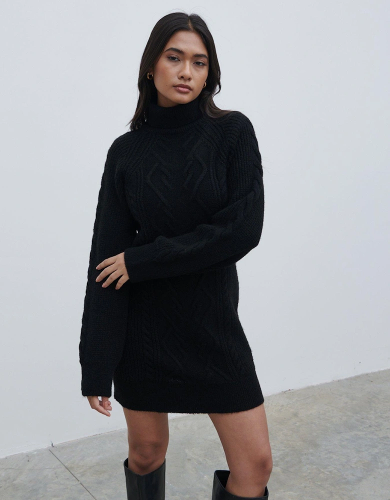 Arabella Roll Neck Cable Knit Mini Dress - Charcoal - Black