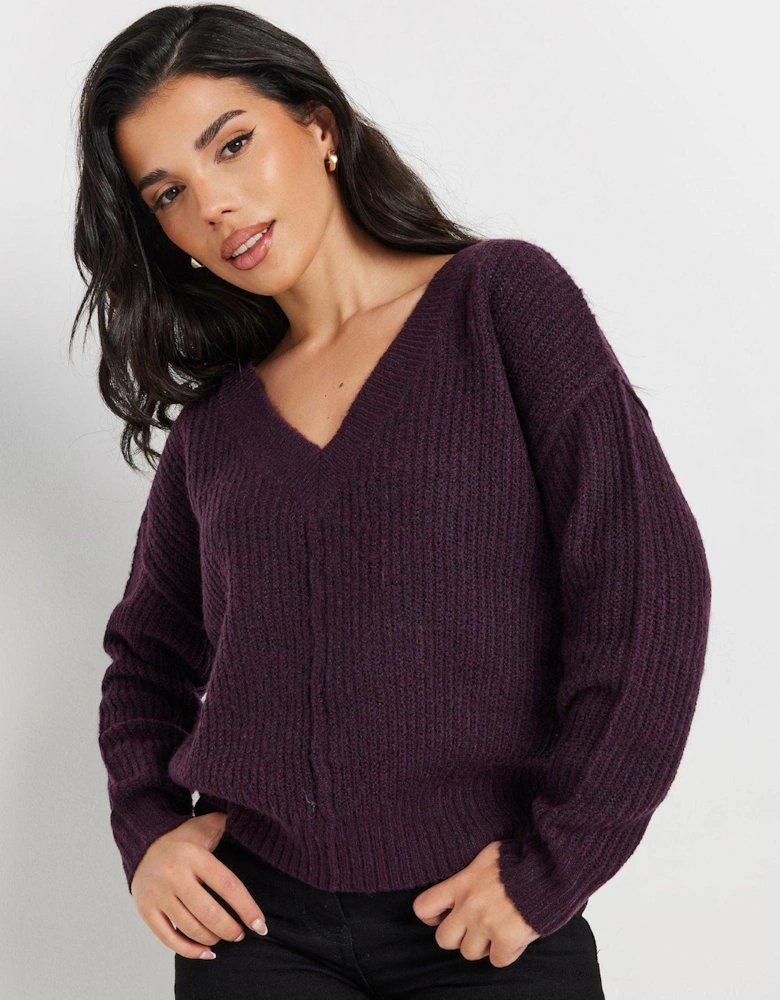 Petite Double V Neck Jumper - Purple