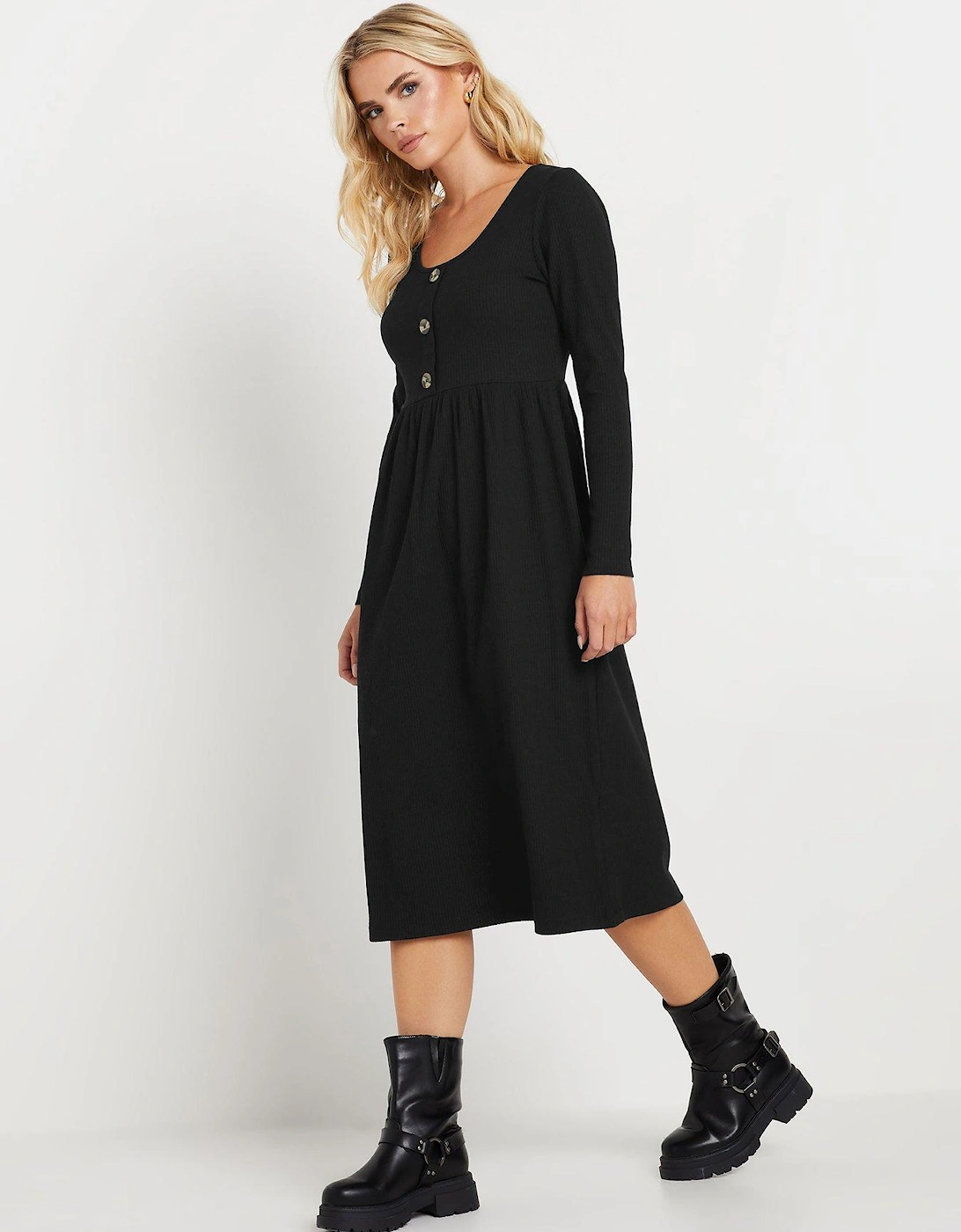 Petite Long Sleeve Rib Button Midi Dress - Black, 2 of 1