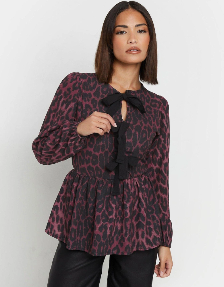 Petite Long Sleeve Leopard Bow Top