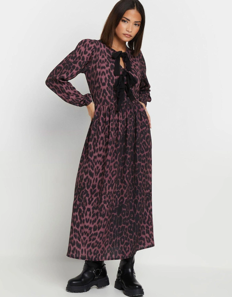 Petite Long Sleeve Leopard Bow Dress