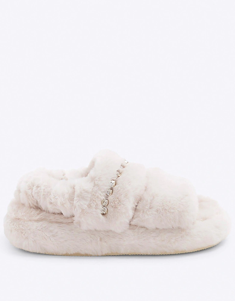 Girls Faux Fur Open Toe Slippers - Cream