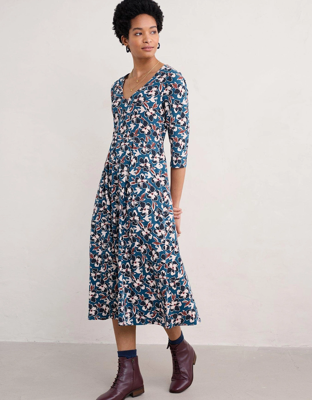 Cotton Rich V Neck Midi Dress - Blue, 6 of 5