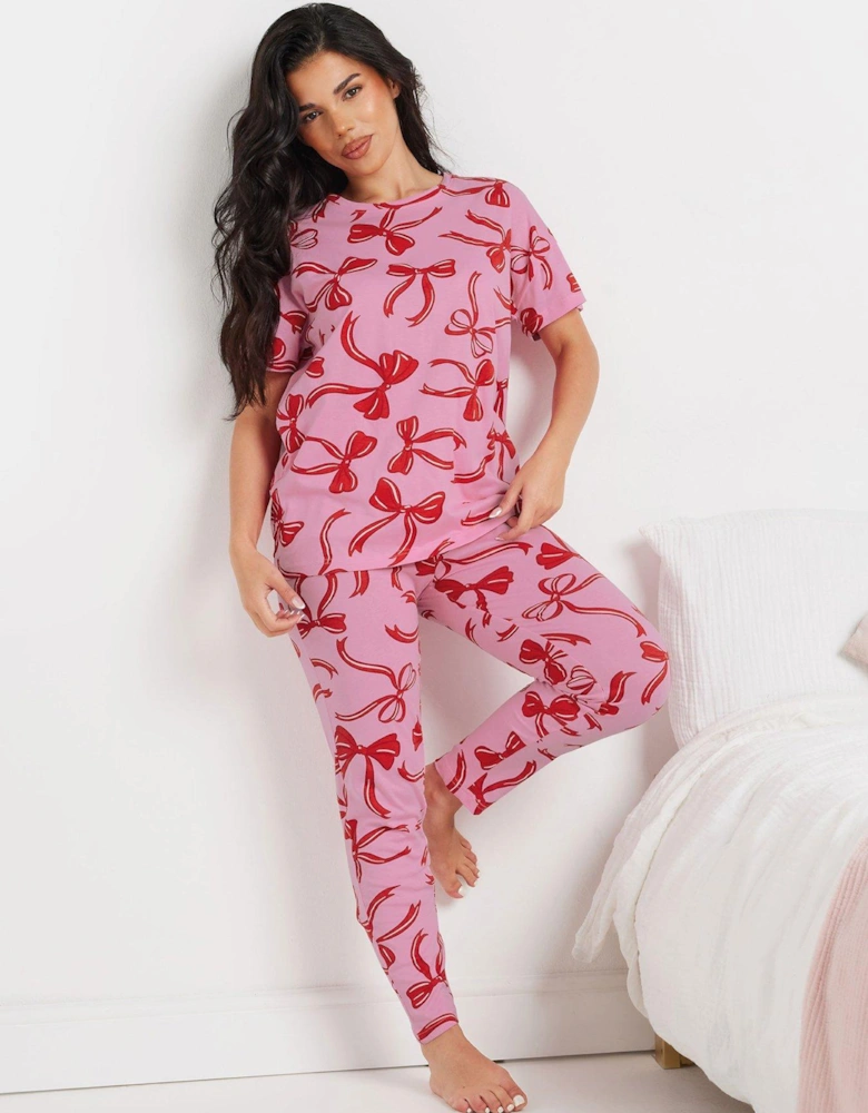 Petite Bows Short Sleeve Tapered Pj Set - Pink