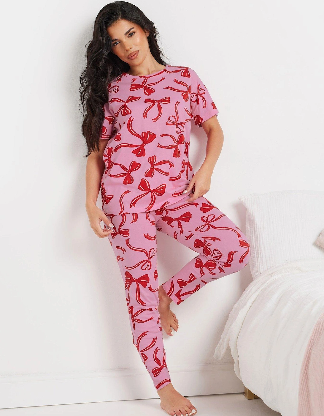 Petite Bows Short Sleeve Tapered Pj Set - Pink, 2 of 1