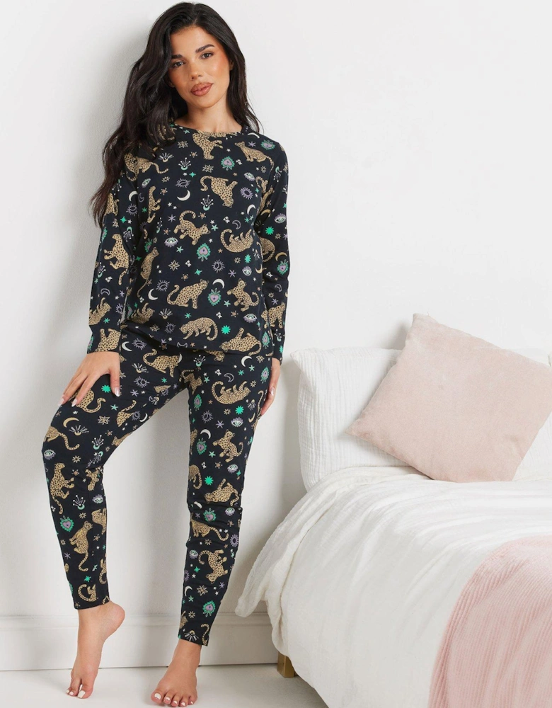 Petite Midnight Leopard Long Sleeve Pj Set