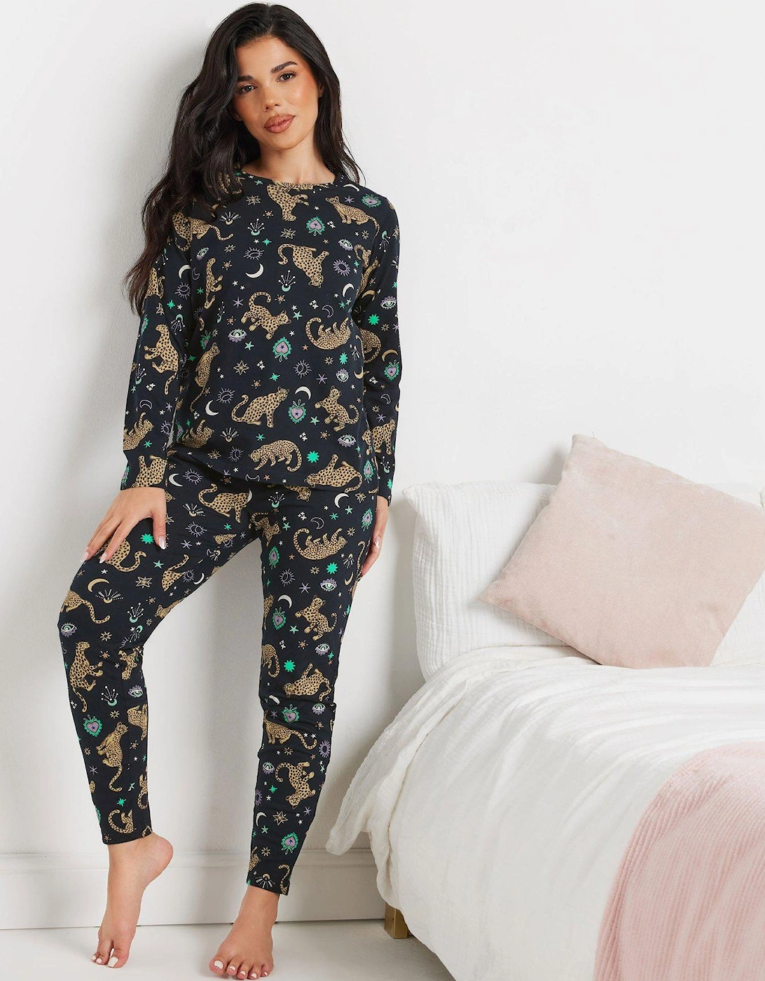 Petite Midnight Leopard Long Sleeve Pj Set, 2 of 1