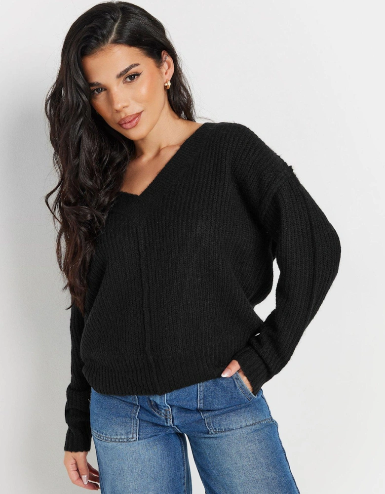 Petite Double V Neck Jumper - Black