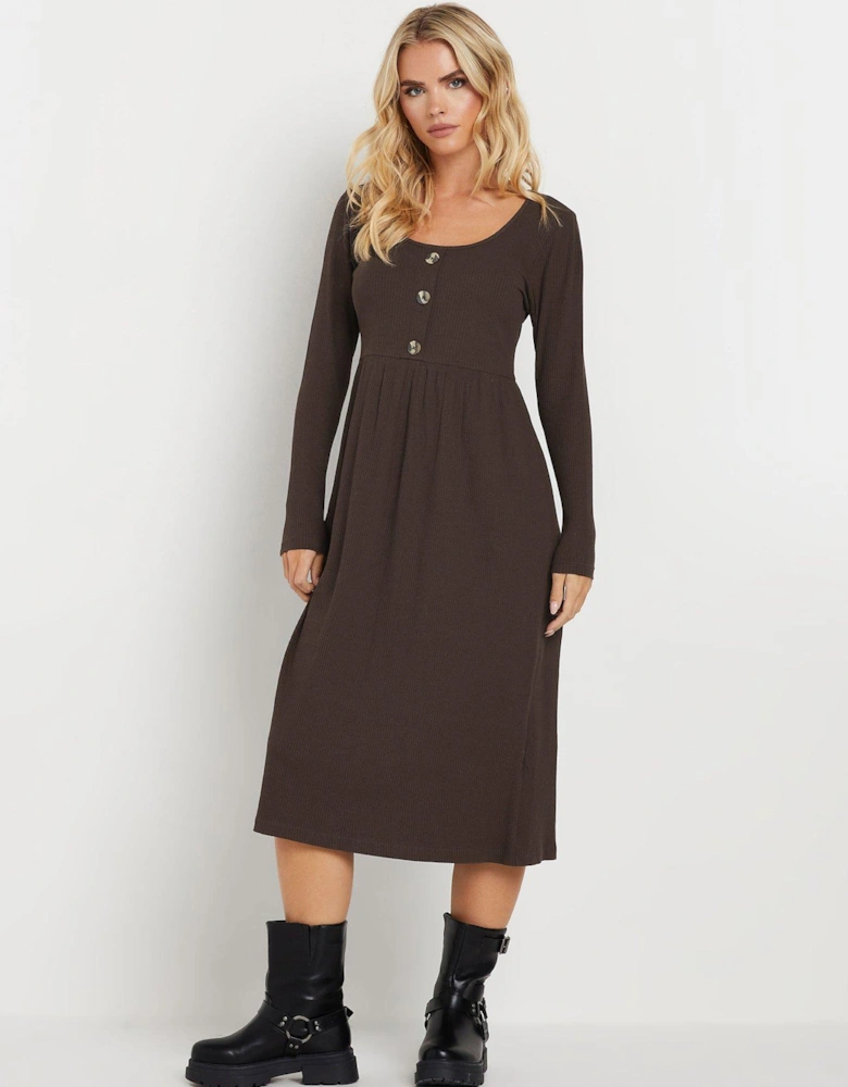 Petite Long Sleeve Rib Button Midi Dress - Brown