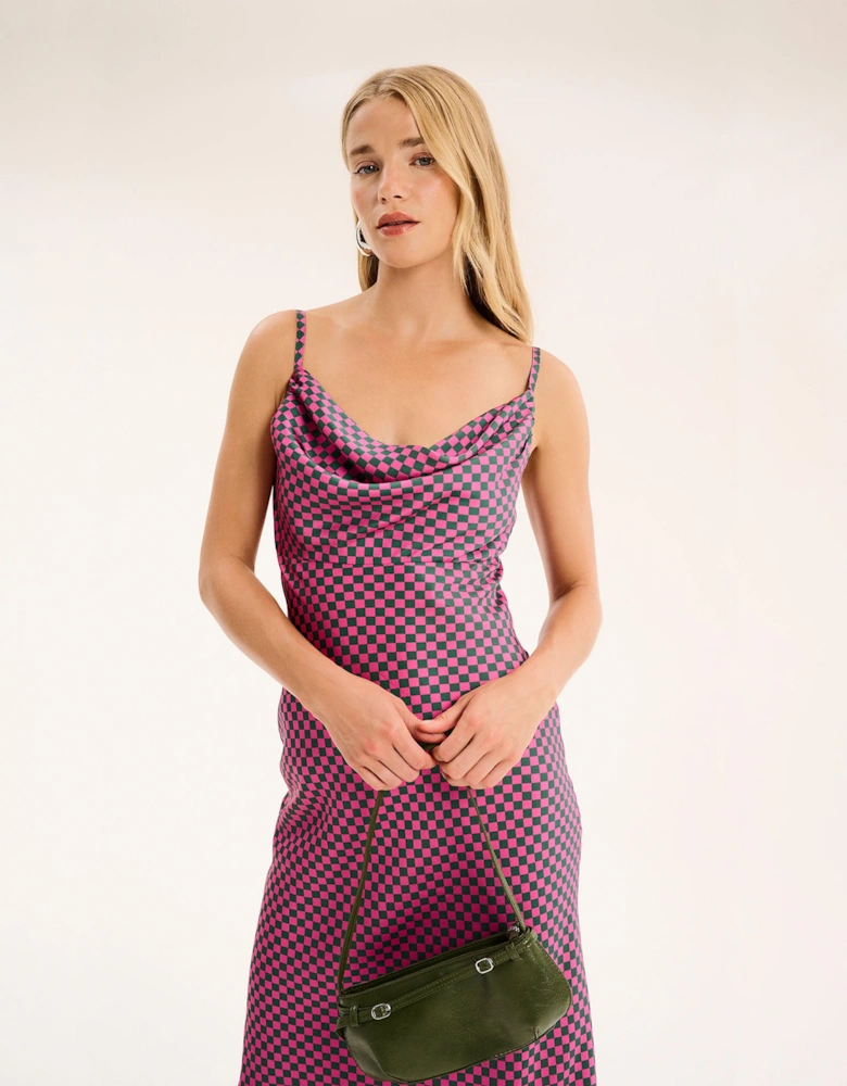 Belle Cowl Neck Strappy Midi Dress in Green Pink Check