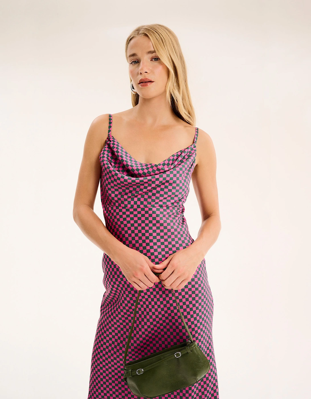 Belle Cowl Neck Strappy Midi Dress in Green Pink Check