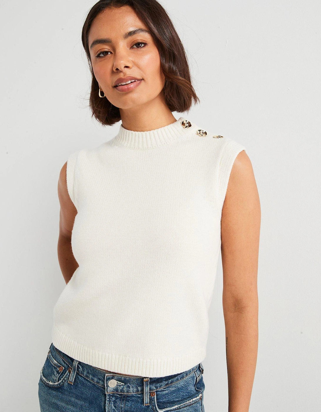 Rondher Rose Button Crew Neck Tank - Off White, 5 of 4