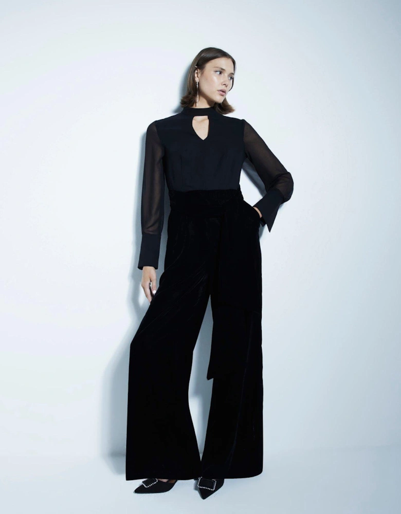 Velvet Chiffon Jumpsuit - Black