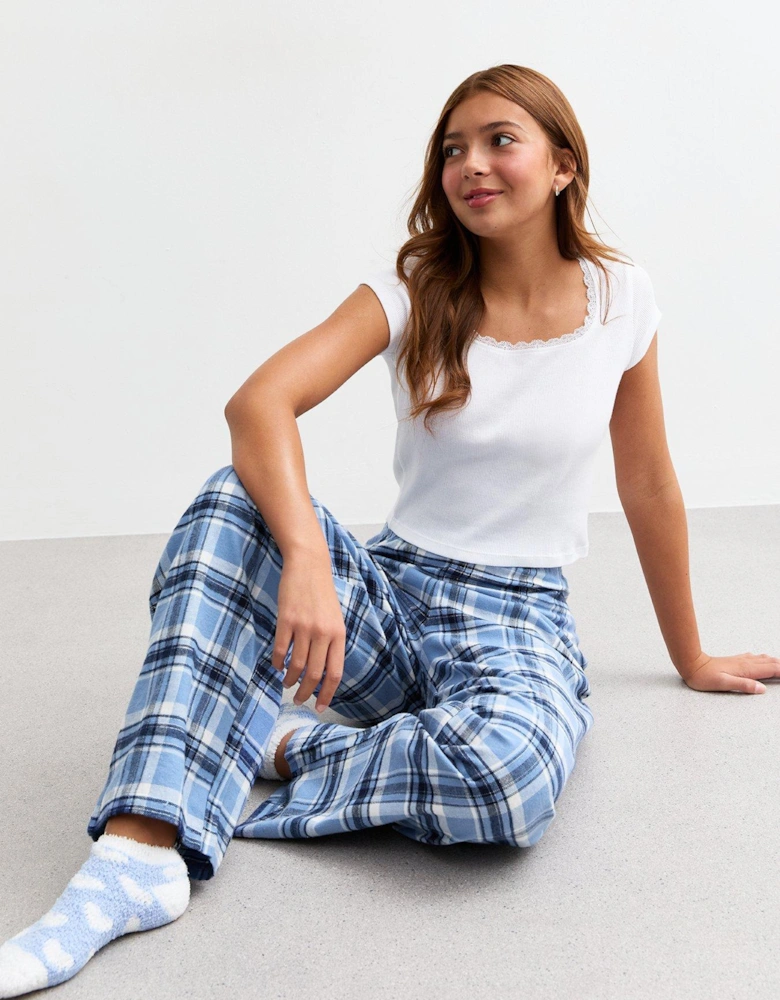 Girls Blue Plaid Long Pyjama Set