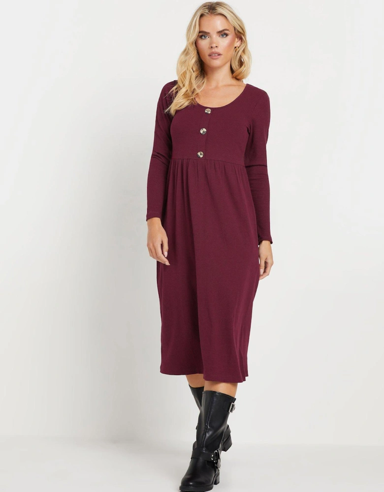 Petite Long Sleeve Rib Button Midi Dress - Purple