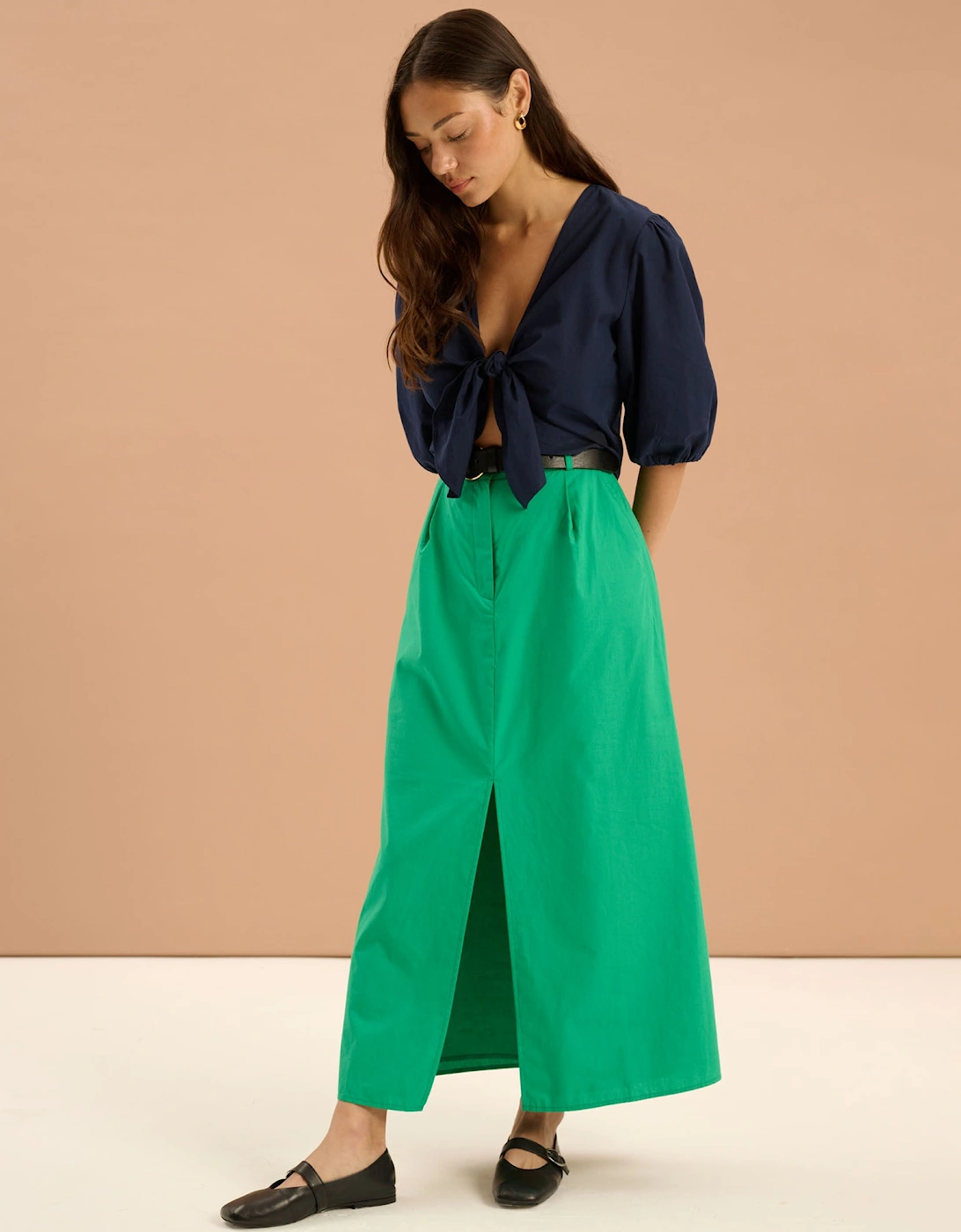 Olive A Line Midi Skirt in Green