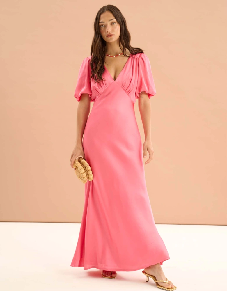 Rosie Ruched Puff Sleeve Dress in Hot Pink