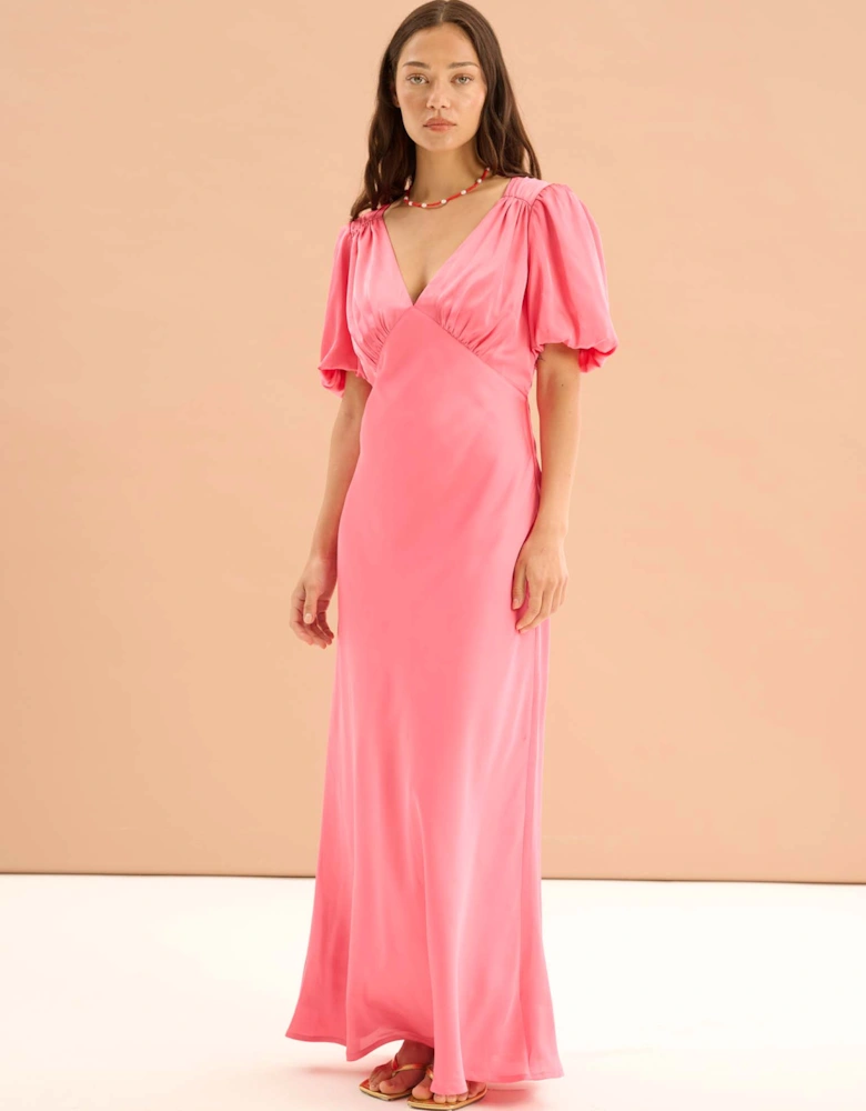 Rosie Ruched Puff Sleeve Dress in Hot Pink