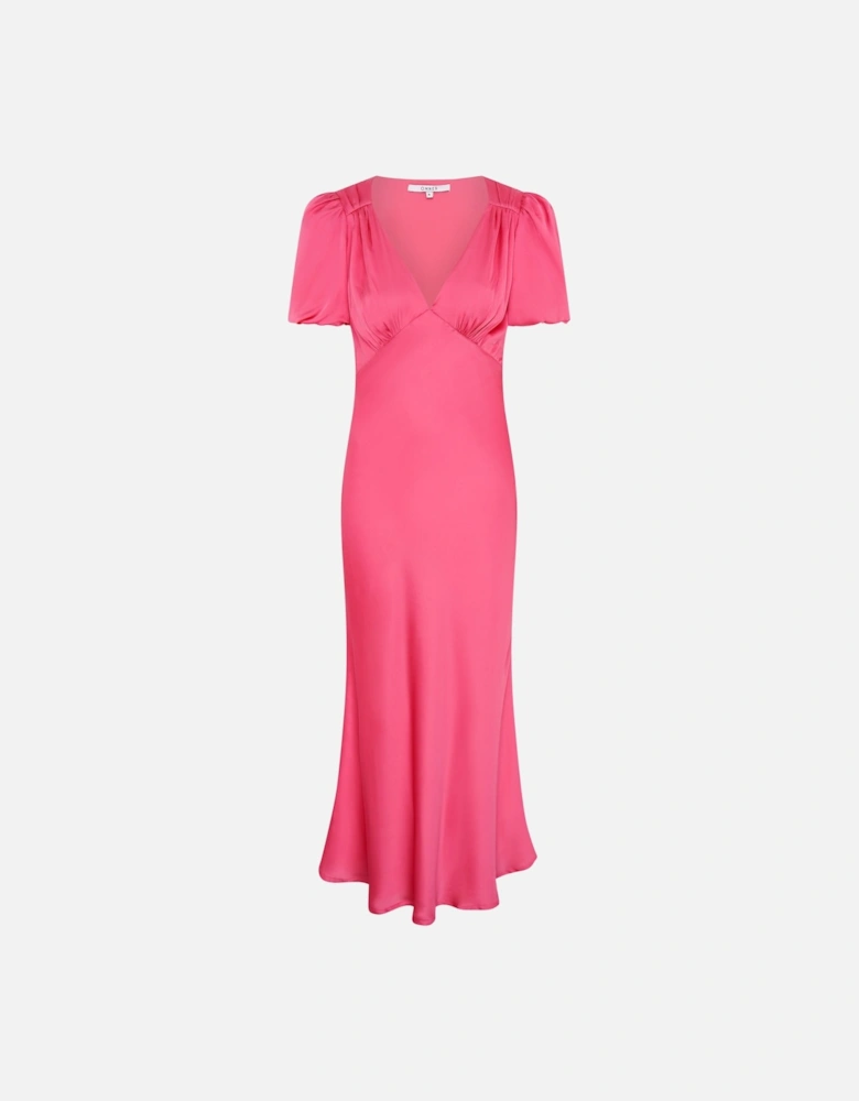 Rosie Ruched Puff Sleeve Dress in Hot Pink