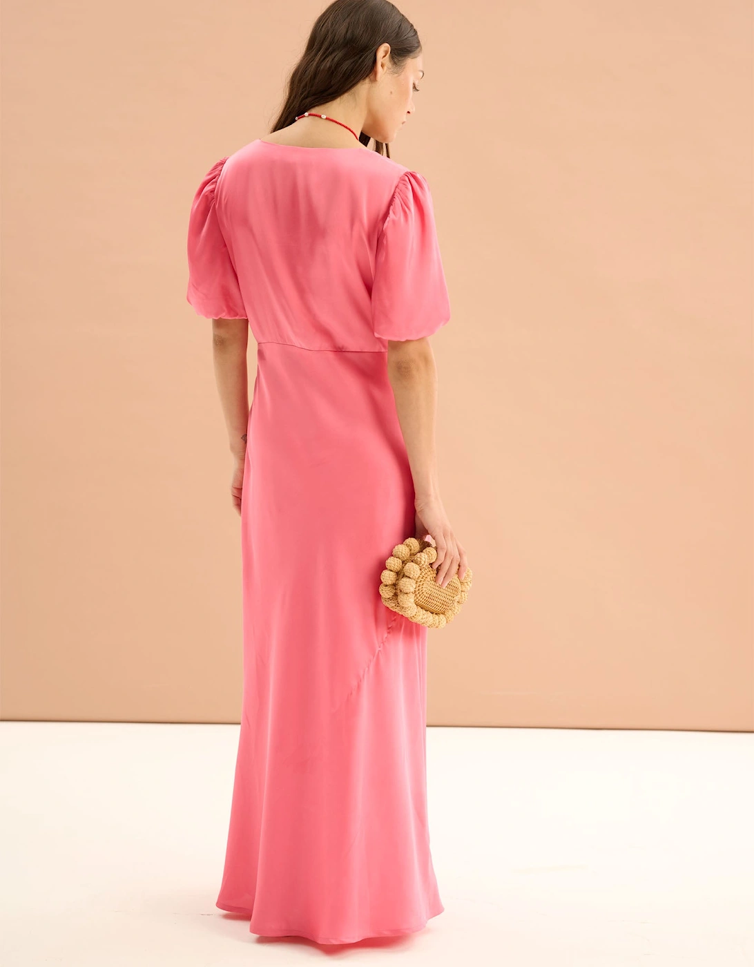 Rosie Ruched Puff Sleeve Dress in Hot Pink