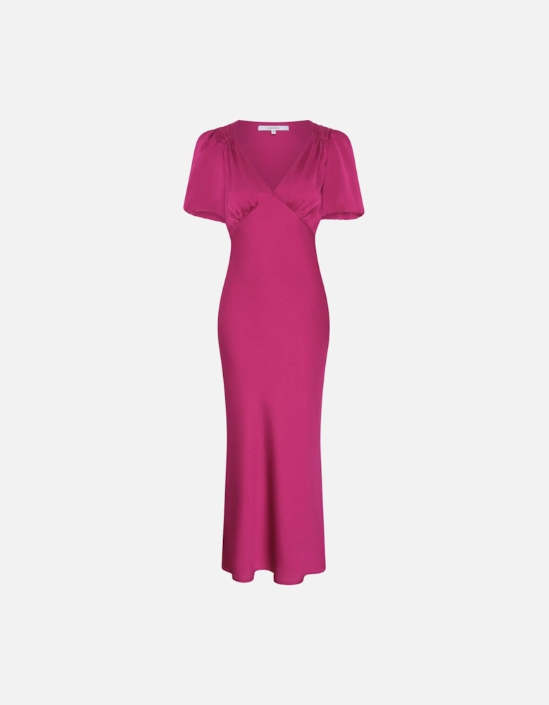 Rosie Ruched Puff Sleeve Dress in Magenta