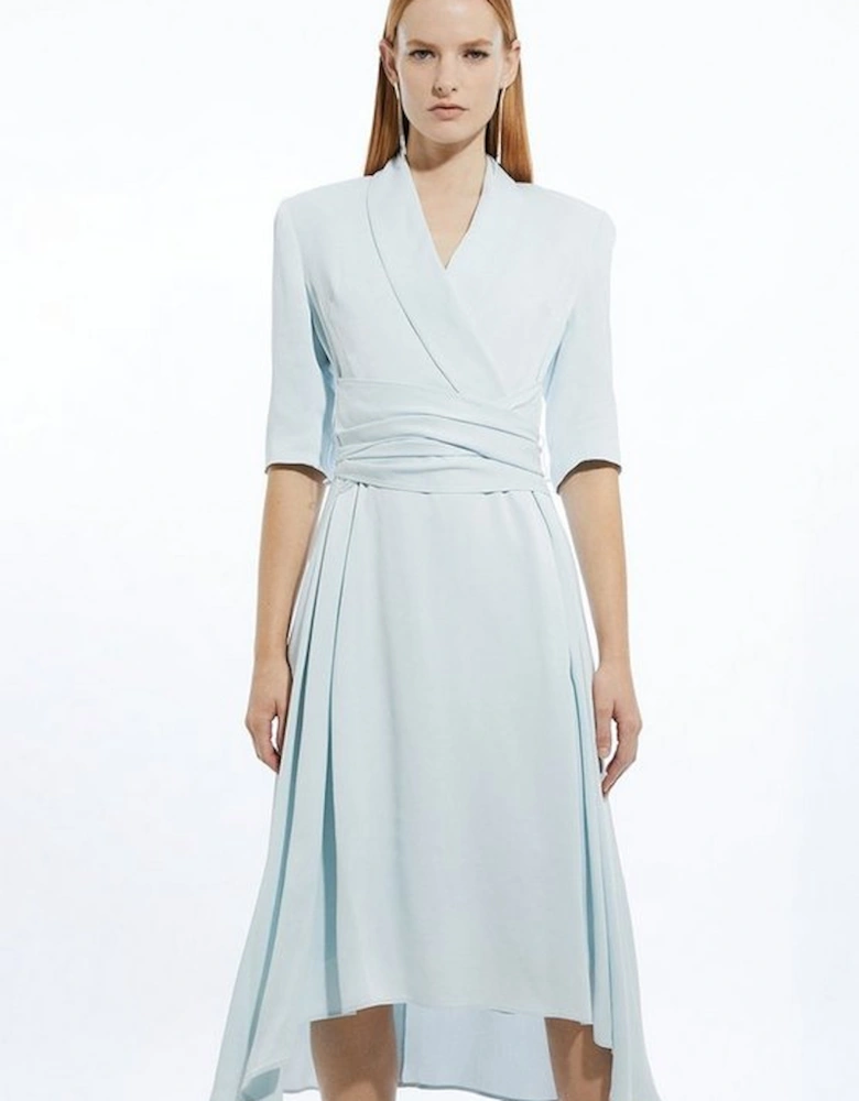 Petite Satin Back Crepe Wrap Tie High Low Maxi Dress