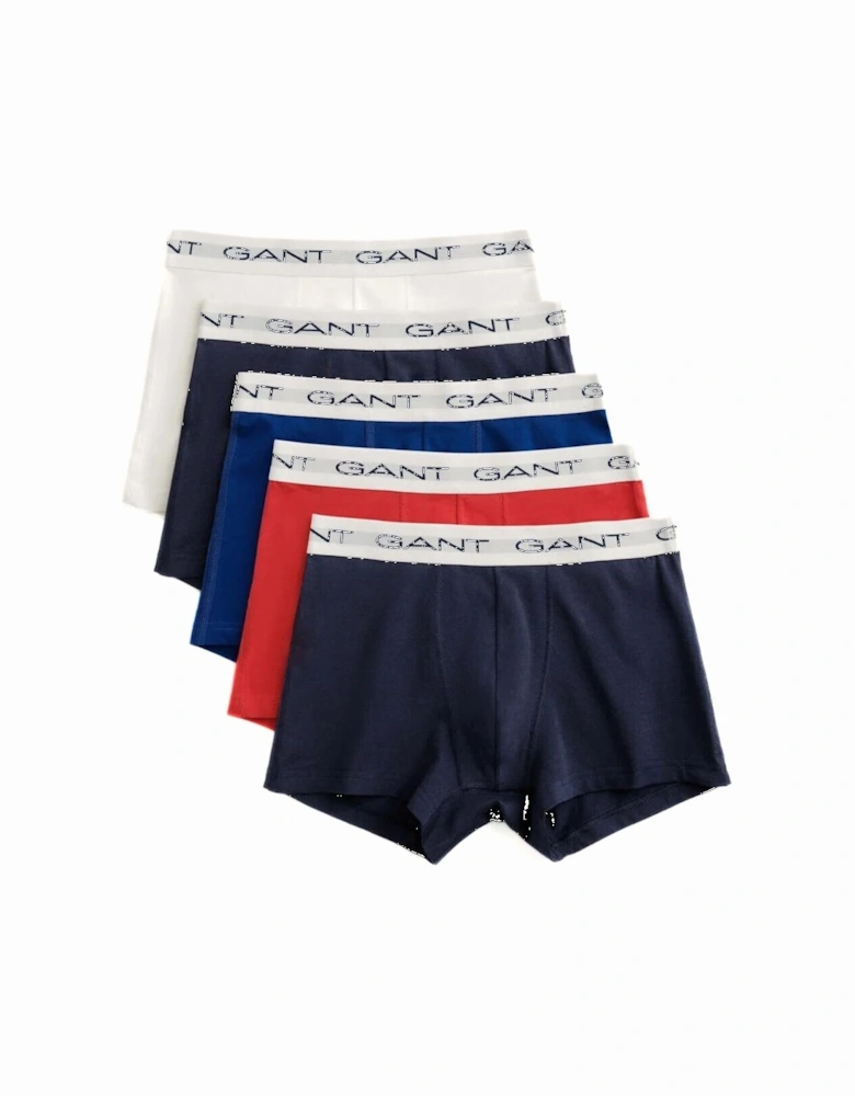 5-Pack White Waistband Boxer Trunks, Red/White/Navy/Blue/Black