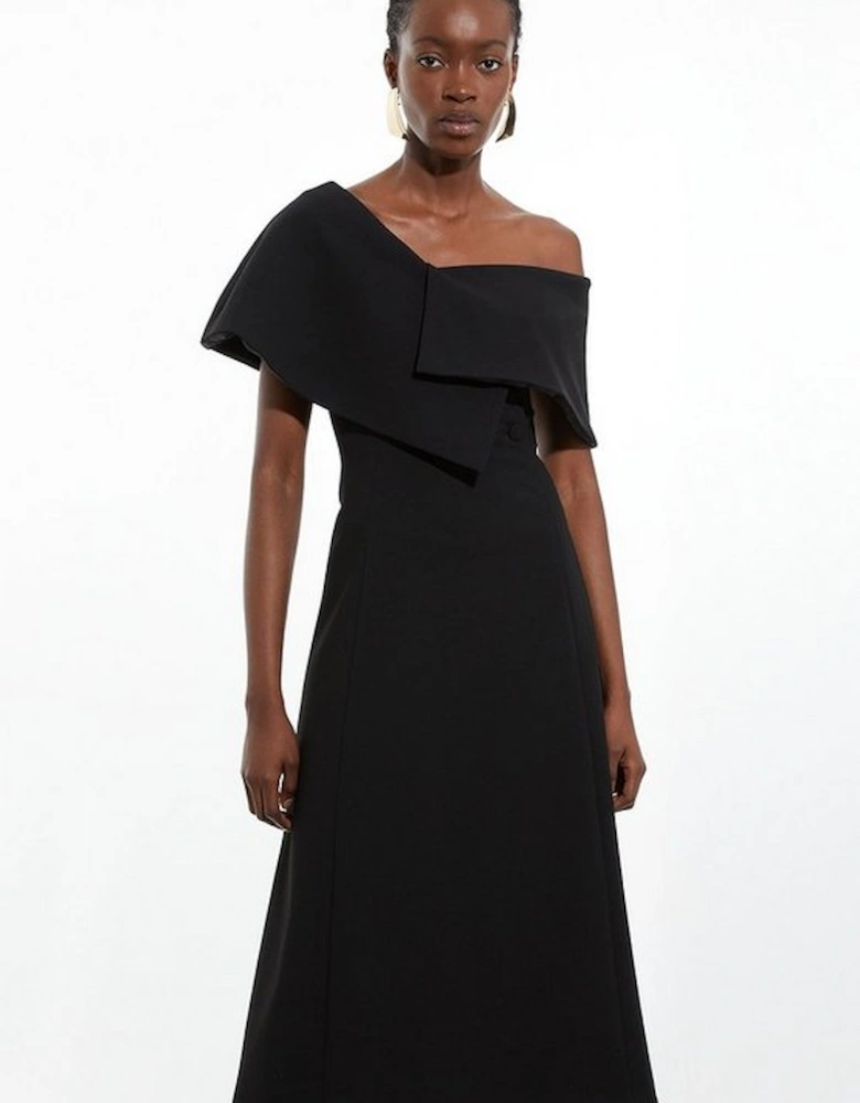 Compact Stretch Asymmetric Collar Tailored Full Skirt Maxi Dress