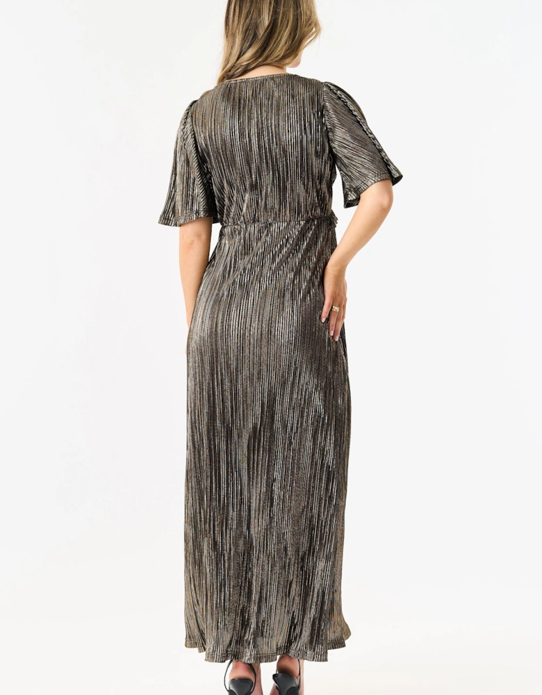 Black Metallic Plisse Maxi Dress