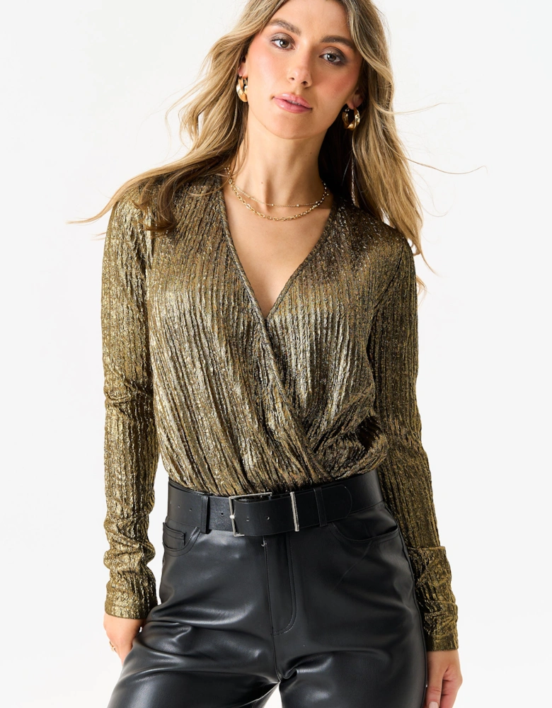 Golden Metallic Plisse Wrap Front Bodysuit