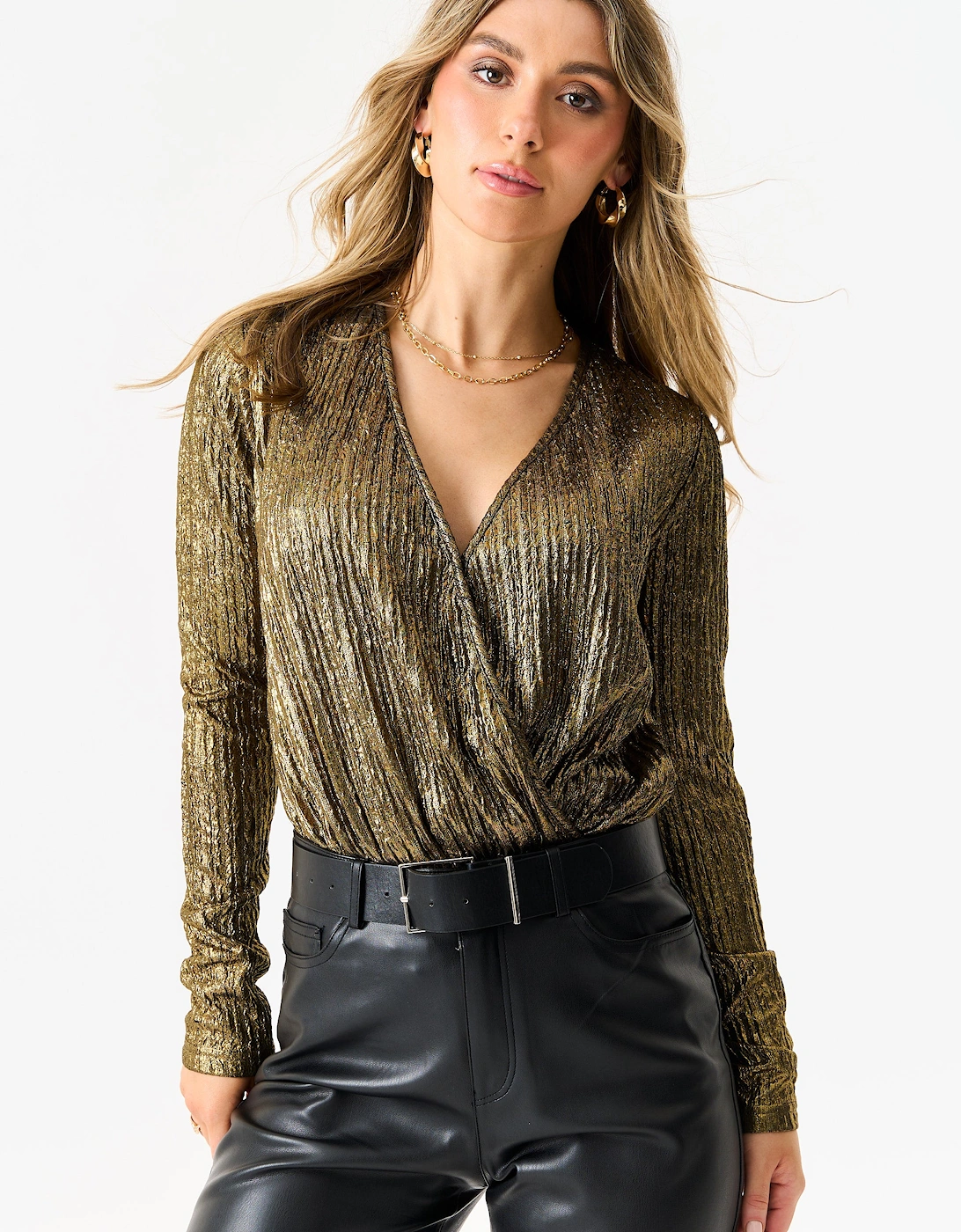 Golden Metallic Plisse Wrap Front Bodysuit