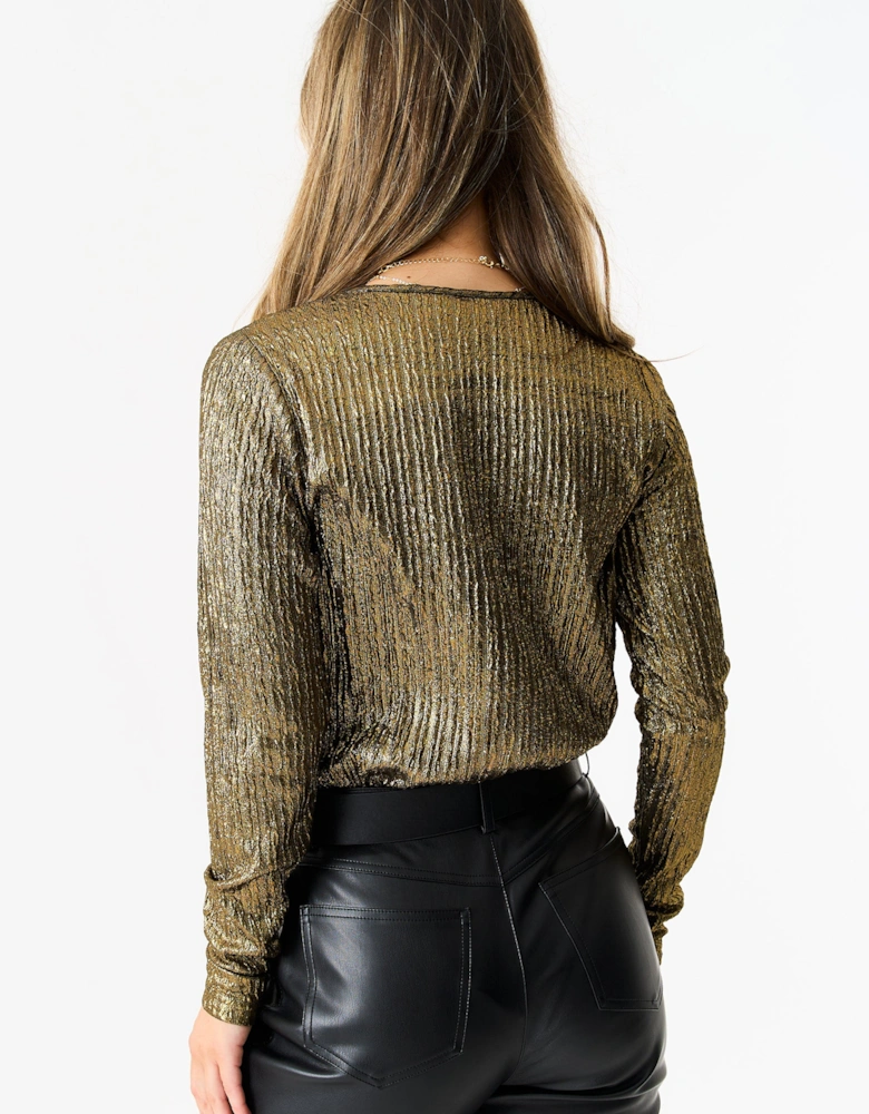 Golden Metallic Plisse Wrap Front Bodysuit