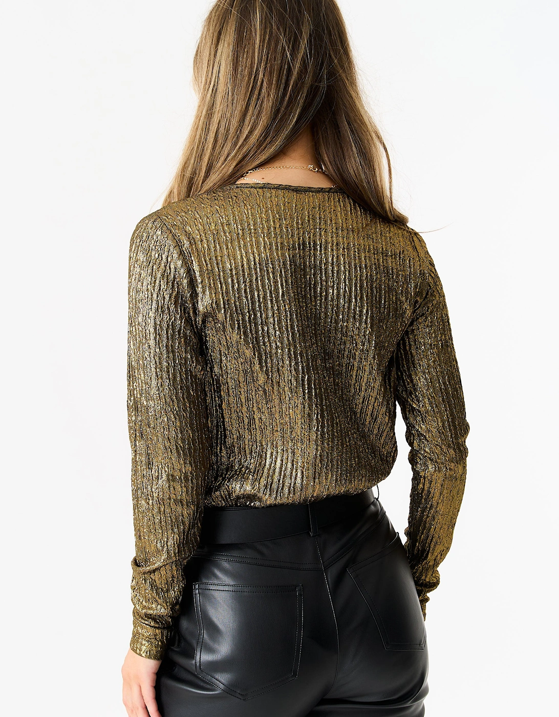 Golden Metallic Plisse Wrap Front Bodysuit