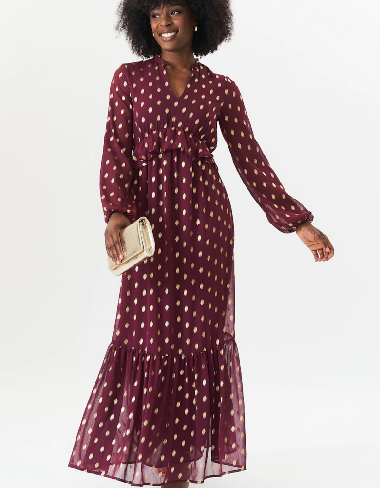 Burgundy Foil Print Ruffle Midi Dress