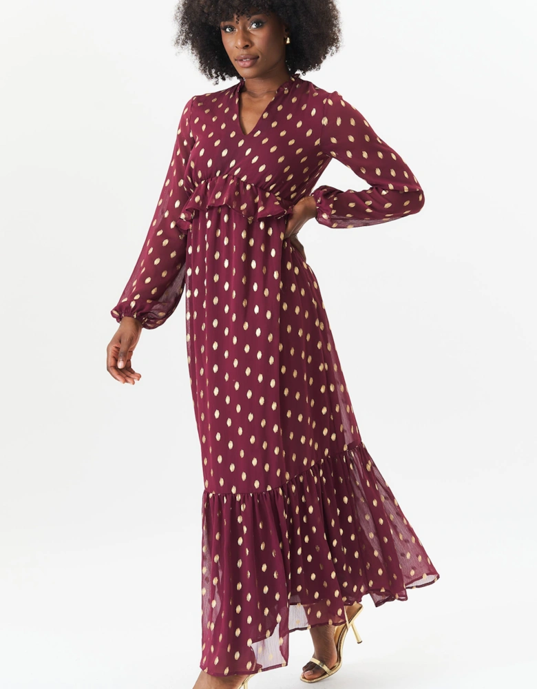 Burgundy Foil Print Ruffle Midi Dress