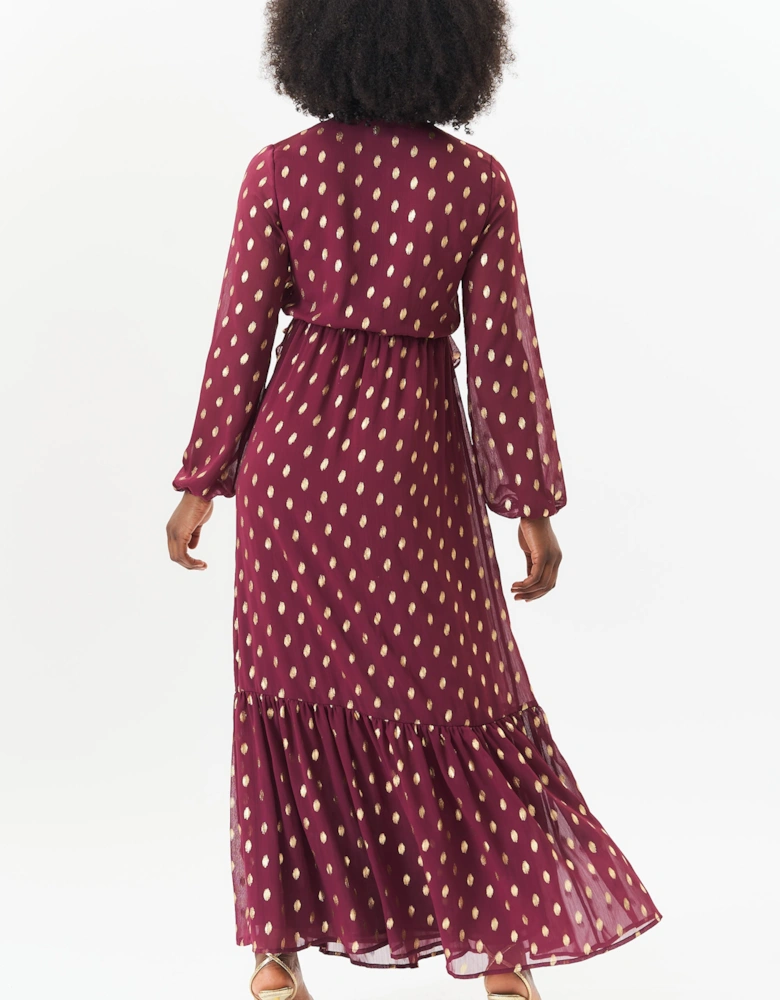 Burgundy Foil Print Ruffle Midi Dress