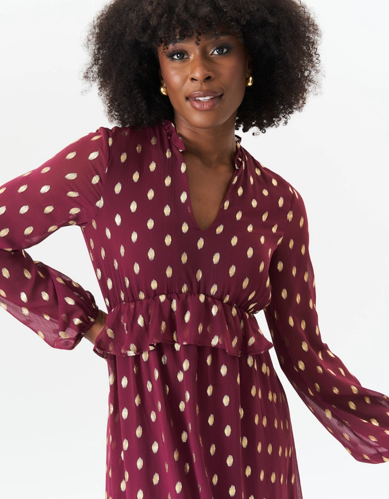 Burgundy Foil Print Ruffle Midi Dress