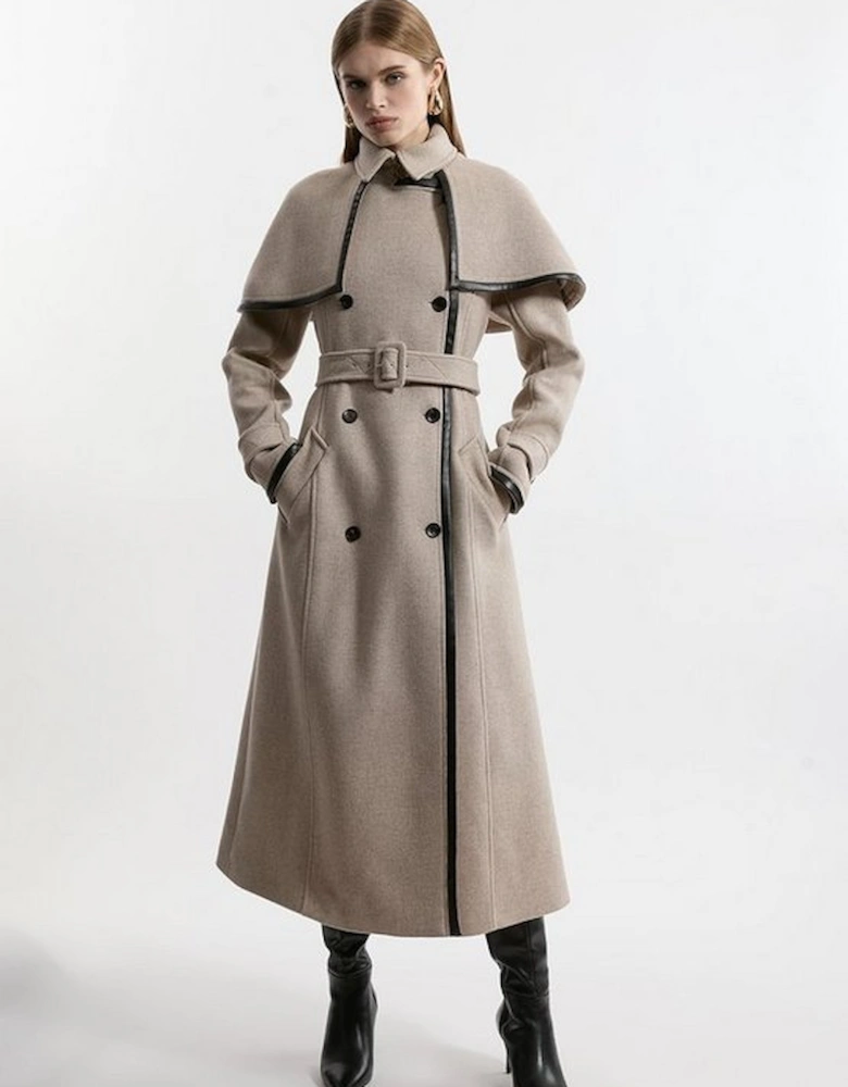 Premium Italian Manteco Wool Pu Tipped Storm Flap Cape Full Skirted Tailored Midaxi Coat