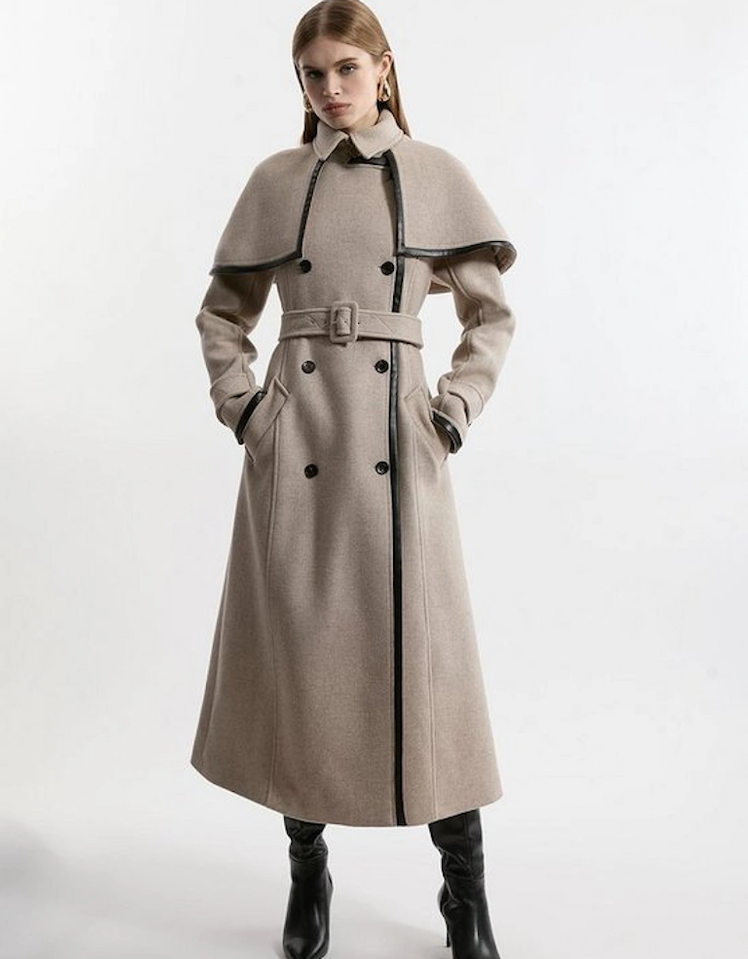 Premium Italian Manteco Wool Pu Tipped Storm Flap Cape Full Skirted Tailored Midaxi Coat, 5 of 4