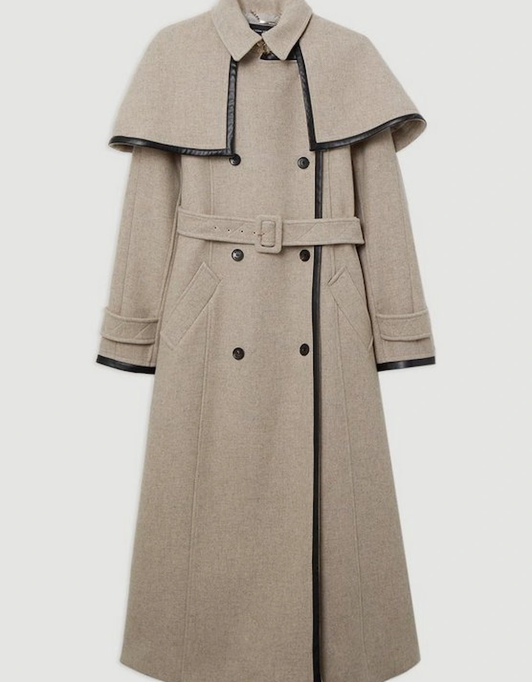 Premium Italian Manteco Wool Pu Tipped Storm Flap Cape Full Skirted Tailored Midaxi Coat