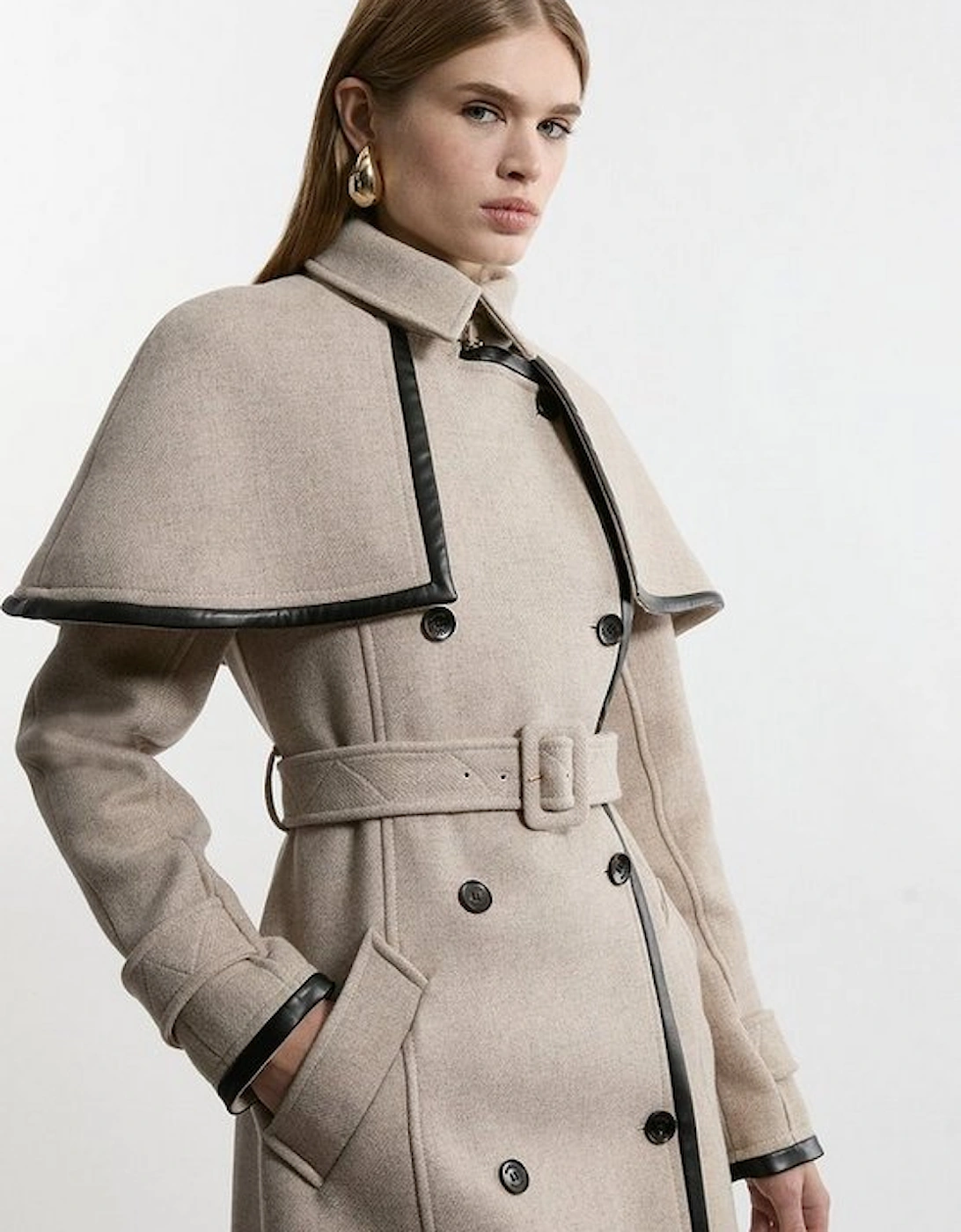 Premium Italian Manteco Wool Pu Tipped Storm Flap Cape Full Skirted Tailored Midaxi Coat