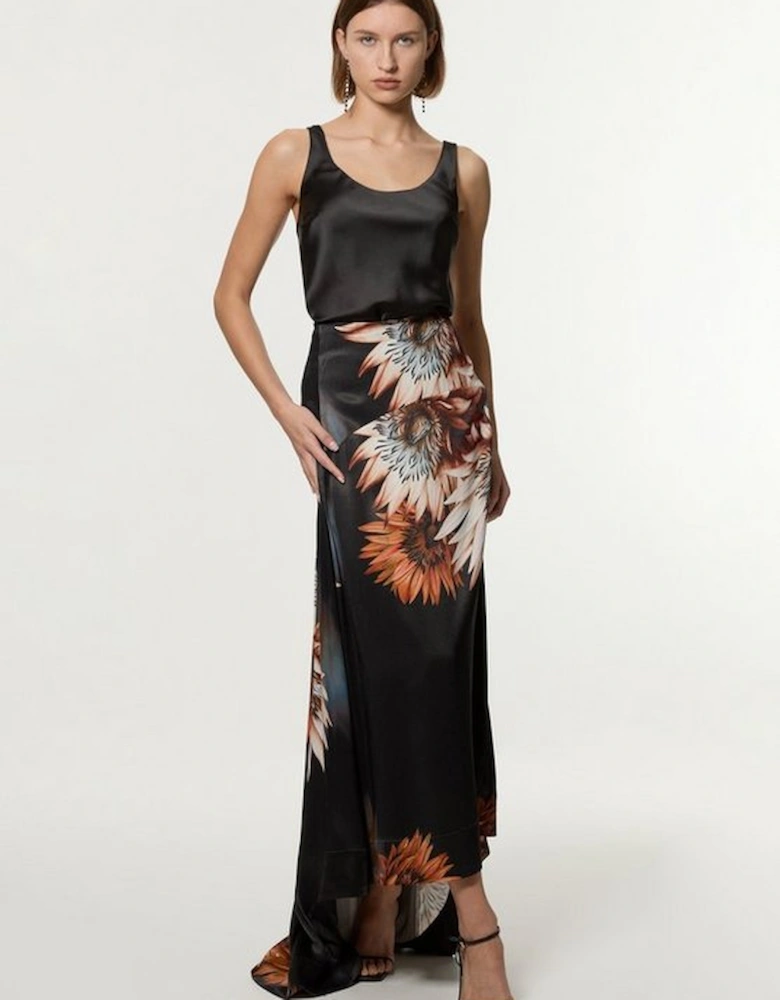 Viscose Satin Printed Panelled Train Maxi Skirt