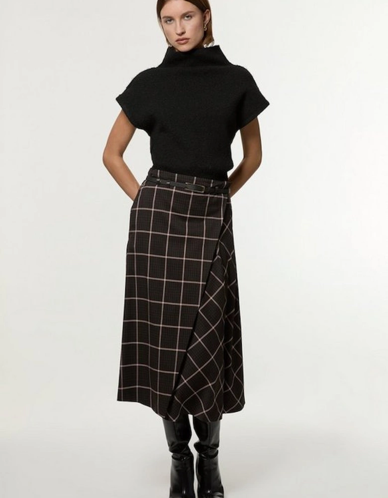 Check Pleated Kilt Belted Midi Skirt